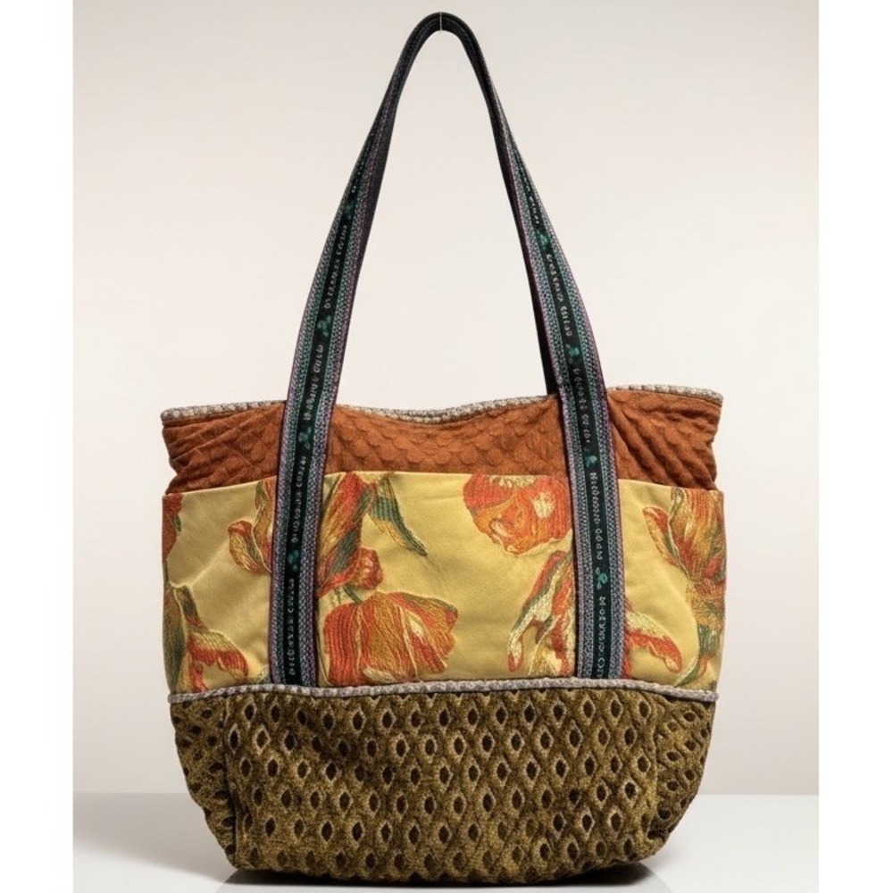 Mackenzie-Childs Large Fabric Tote Floral Print Quilted Brown Carryall Bag Rare - Picture 2 of 16